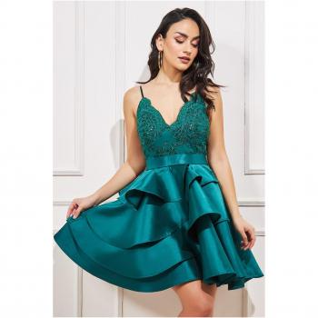 Goddiva Layered Frilled Mini Dress - Emerald Green