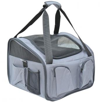 Caja de Transporte Plegable para Perros hasta 4 kg con Ventana de Malla y Bolsillo Lateral, Oxford Gris 41 x 34 x 30 cm