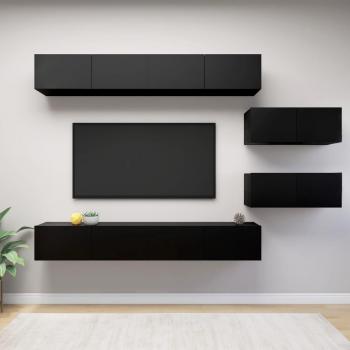 Set de muebles de salón 6 piezas madera ingeniería y aglomerado negro, incluye mueble TV, mesa de TV, y otras piezas complementarias con dimensiones de 100 x 30 x 30 cm