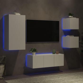 Mueble de TV de pared con LED 5 piezas en madera de ingeniería blanca