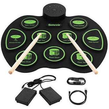 Batería Electrónica Portátil, Bonvvie Kit de Tambor Electrónica Enrollable con 9 Almohadillas de Batería, 2 Pedales, Gran Regalo de Navidad de Cumpleaños para Niños y Principiantes