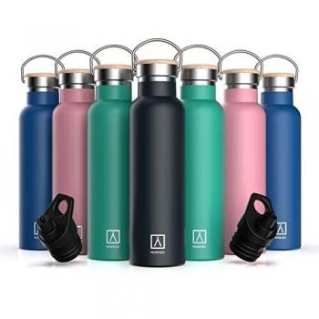 NUMADA-Botella Térmica Acero Inox 600ml Negro Estanca con Doble Pared al Vacío y Recubrimiento Cerámico. Mantiene Frío 24H y Calor 12H|Boca Ancha|Libre BPA|Incluye 2 Tapones