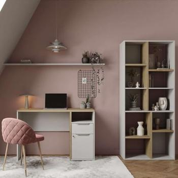 Conjunto de Muebles de Oficina Moderna Acces con Escritorio y Librería en Roble Hamilton y Blanco Mate