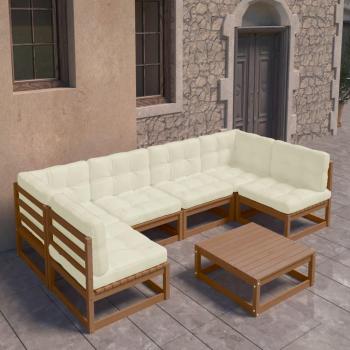 Set de muebles de jardín 7 pzs cojines madera pino marrón miel