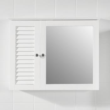 SoBuy BZR55-W Gabinete espejo con puerta con persianas Blanco, Mueble de pared con espejo madera blanco, Mueble de Pared con Espejo Armario Suspendido con Puerta Blanco, Medidas: 65x15