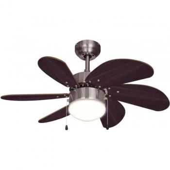 Ventilador de Techo con Luz Bestron DC30BC 50W Cromo, 75cm, 6 palas de madera marrón estilo wengué, interruptor verano/invierno, cadenas para 3 velocidades