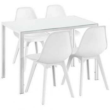 Juego de Comedor Minimalista Blanco con Mesa de Vidrio y 4 Sillas de Plástico - 105 x 60 x 75 cm