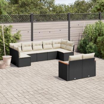 9-Piece Black Poly Rattan Garden Sofa Set with Cushions