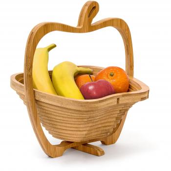 Cesta de Fruta Plegable en Forma de Manzana, 30 x 27 x 22.5 cm, Soporte de Bambú Natural, Color Marrón