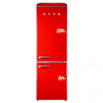 Frigorífico Combi Evvo F55 Retro Rojo, 216 litros refrigerador, 84 litros congelador, diseño vintage, cajón Crisper Zone, Turbo fan, libre de gas CFC, silencioso