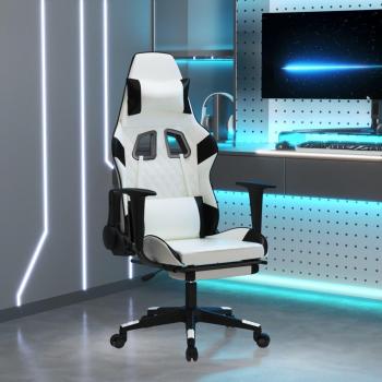 Gaming Chair with Footrest in White and Black Faux Leather