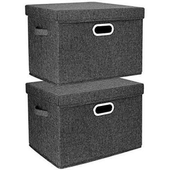 TYEERS 2 Paquetes Caja de Almacenamiento con Tapa y Asa, Cestas de Almacenaje Plegables de Ropa de Algodón Lino, Organizadores de Almacenamiento de Juguetes, Estantes, Ropa y Libros, etc. - Negro