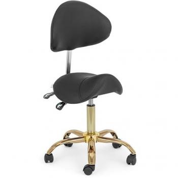 Taburete de estética regulable en altura 55-69 cm, capacidad hasta 150 kg, color negro/dorado, giratorio 360°, con ruedas