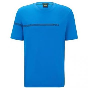 Camiseta de Manga Corta BOSS para Hombre Azul con Raya y Logo, Algodón Casual 2024