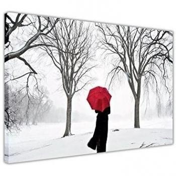 Mujer con paraguas rojo en la nieve y árboles lienzo paisaje fotos decoración del hogar 38 mm de grosor marco, lona, Rojo, 02- A3 - 16 X 12