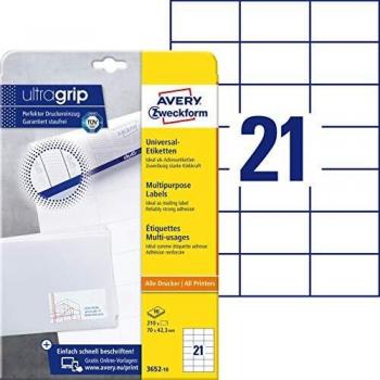 Etiquetas Universales Autoadhesivas Avery 70x42,3 mm, Paquete de 10 Hojas (210 Etiquetas), Adhesivo Permanente, Compatible con Impresoras Inkjet y Láser