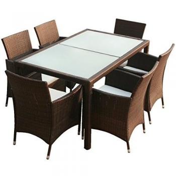 7-Piece Brown Poly Rattan Outdoor Dining Set with Cushions