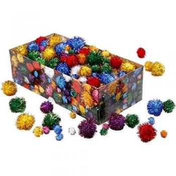 Pompones Brillantes, 15-40 mm, con Paillettes, Colores Brillantes, 400 gr, 1 Paquete