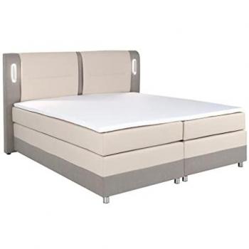 Boxspring completo con cabecero LED + somieres + colchón + sobrecolchón - 160 x 200 cm - Tela y piel sintética - Beige y crema - RIMINI de YSMÉE