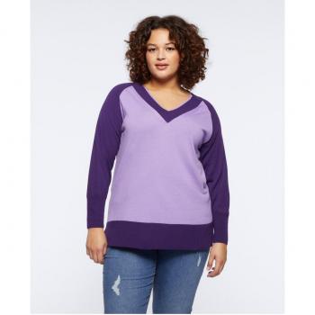 Jersey de mujer con cuello de pico y rematado de canalé en tonos violeta y lila