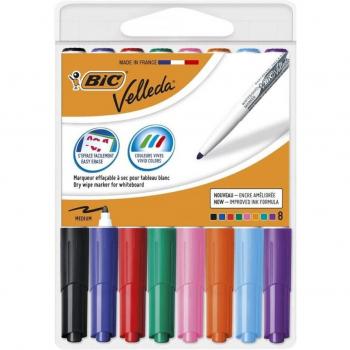 BIC Velleda 1741 Rotuladores para Pizarra Blanca, Punta Media, Colores Surtidos, Blíster de 8 Unidades