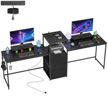 Mesa Gaming Doble Extralarga 244 cm con Estación de Carga, Puertos USB, Soportes para Monitor, Cajones de Tela y Ganchos para Auriculares - Negro