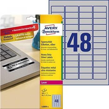 Avery España L6009-8 - Etiquetas adhessivas de poliéster plateadas para seguridad, 45.7x21.2 mm, caja de 384 etiquetas