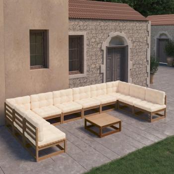 Set de muebles de jardín 11 piezas madera maciza pino ámbar con almohadas