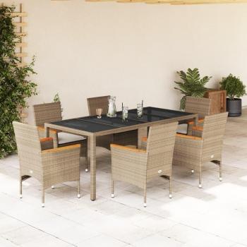 Set de comedor de jardín 7 piezas con cojines de polyrattan y mesa de vidrio beige