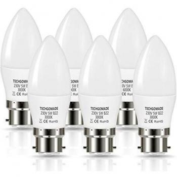 TECHGOMADE B22 LED Bombilla de vela 5W, 40W Equivalente, 3000K blanco cálido Escarchado Candelabro B22 Bulbs, No regulable, 500Lm, Bayoneta Bombilla de vela, 6 Paquetes