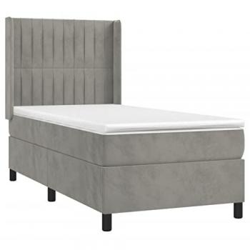 Cama Box Spring con colchón y LED de terciopelo gris claro 90x190 cm
