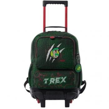 Mochila Ruedas TOTTO Rex Dino M - 6D7M, color verde con estampado de dinosaurios, compartimentos múltiples, ruedas resistentes y asa telescópica