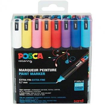 Set de 16 Marcadores POSCA PC-1MR con Punta Calibrada Extra Fina 0.7 mm en Colores Asortidos