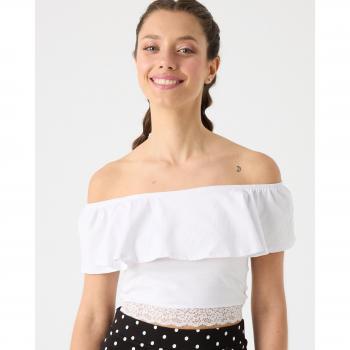 Top de mujer con hombros descubiertos, escote elástico y detalle de volante y encaje