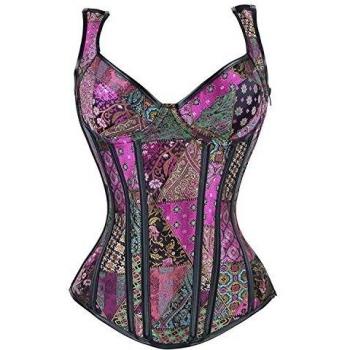Kimring Women's Gothic Retro Jacquard Peasant Shoulder Straps Boby Shaper Tank Bustiers Spiral Steel Boned Overbust Corset Purple 3X-Large