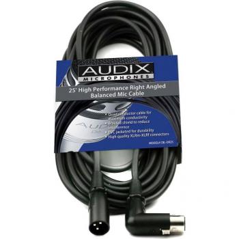 Audix 25' XLR Drum Mic Cable (CBLDR25) - 25 feet long, XLR Male to Right Angle XLR Female connector, designed for connecting microphones to audio interfaces or mixers, durable construction suitable for drum applications