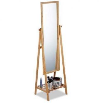 Espejo de pie de bambú reclinable con estante, 160x40x36 cm, color marrón - Relaxdays