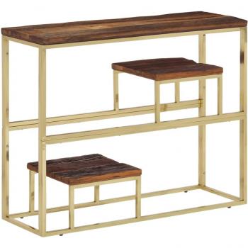 Mesa consola de acero inoxidable y madera maciza traviesa en colores plateado, dorado y marrón claro - mesa de sofá, mesa de entrada para salón, mueble recibidor, mesita auxiliar