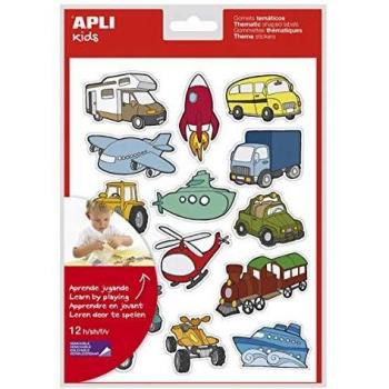 Apli Kids 11454 - Bolsa de Gomets Temáticos de Transportes Removibles, Pack de 12 Hojas