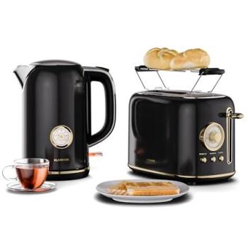 Conjunto Básico de Desayuno Klarstein Victoria - Tostadora de 2 Ranuras y Hervidor Eléctrico Retro, 2200W, 1.7L, Negro