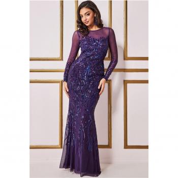 Goddiva Long Sleeve Sequin Flame Maxi Dress - Purple