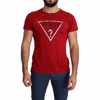 Guess Red Cotton Logo Print Men Casual Top Perforated T-shirt - XL