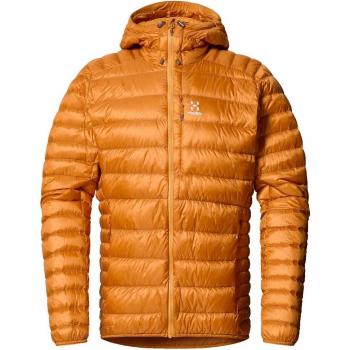 Haglöfs Roc Down Hood Chaqueta de Hombre - Color Desert Yellow, Aislamiento de plumas, Capucha ajustable, Resistente al agua y al viento, Bolsillos con cremallera, Ajuste cómodo y funcional