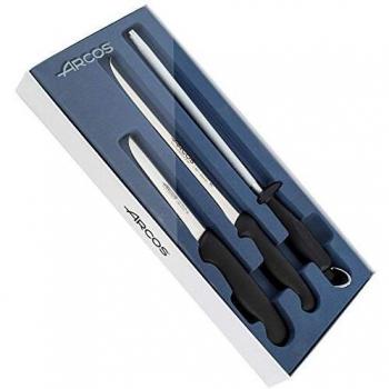 Arcos 2900, Set Jamonero de 3 piezas, Acero Inoxidable, Mango Polipropileno, Color Negro, FUNDA JAMON REGALO