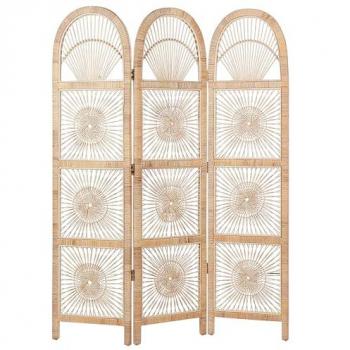 Biombo Decorativo de 3 Paneles en Ratán Natural con Marco de Madera de Caoba, Plegable, 137 x 180 cm