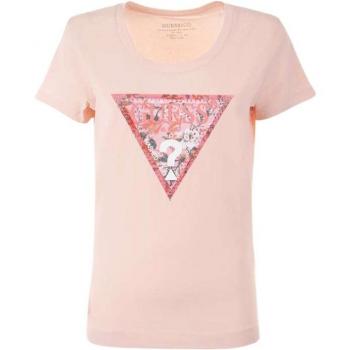 Camiseta de Mujer Guess Rosa con Logotipo Triangular y Detalles de Strass, Talla S