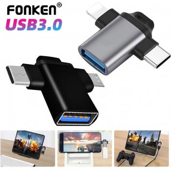 Adaptador OTG 2 en 1 Fonken Micro USB/Tipo C/iOS Macho a USB 3.0 Hembra Lector de Tarjetas Convertidor Multifuncional Negro