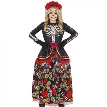 Disfraz de Catrina infantil con falda larga estampada
