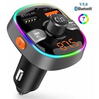 Nuevo Versión Transmisor FM Manos Libres Bluetooth Coche con 2 USB 5V 2.4A&QC 3.0 Carga Rápida Cargador Coche, 7 Colores Reproductor MP3 Coche Soporte USB Flash Drive &Tarjeta TF 64G, SIRI/Google