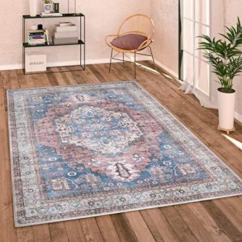 Alfombra de salón de habitación tejido plano vintage oriental con ribete, tamaño: Ø 120 cm redonda, color: multicolor, lavable